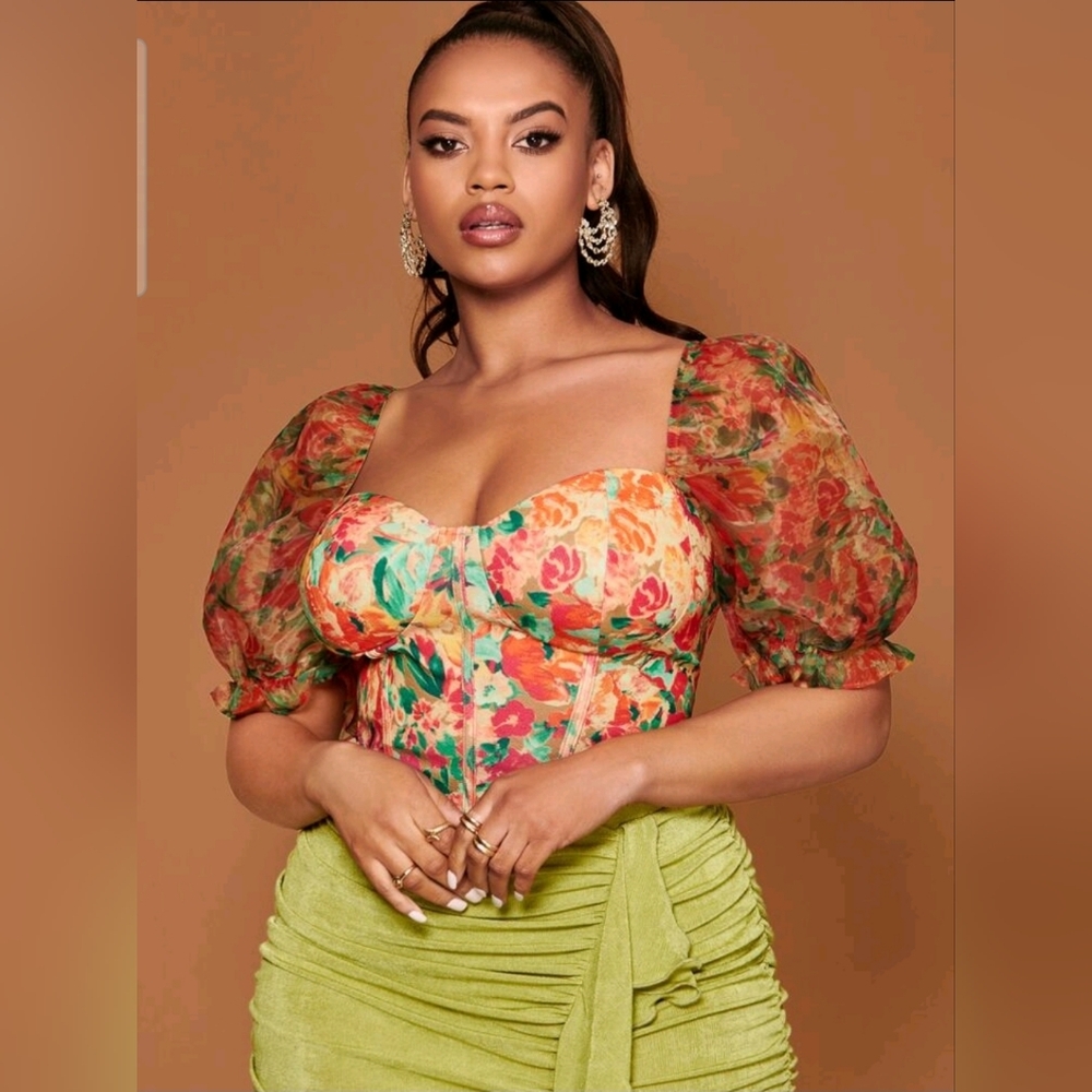 Floral Orange Puff Sleeve Women's Top